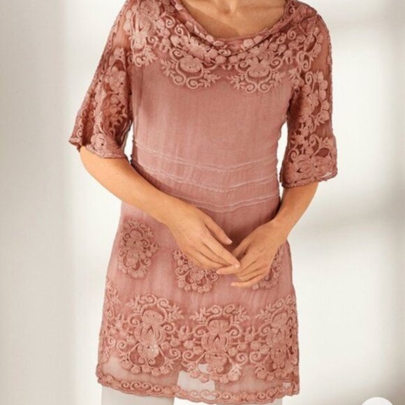 SOFT SURROUNDINGS dusty pink silk Tessa embroidered chiffon tunic top - Picture 10 of 10